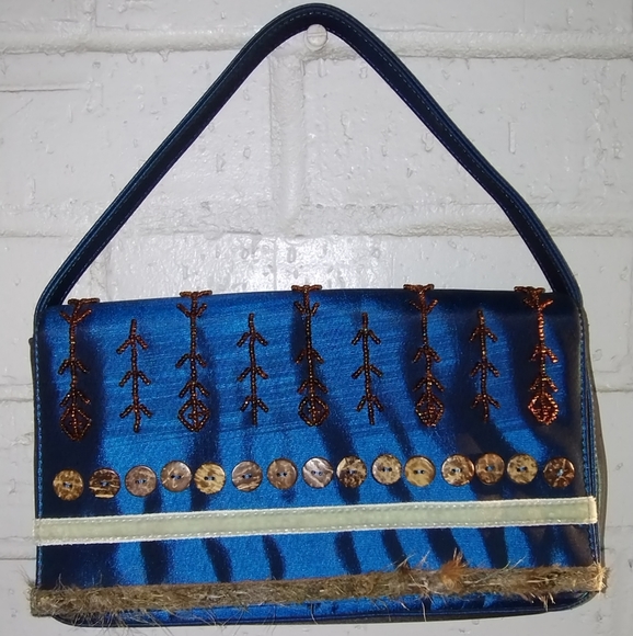 Vintage 90s Multi Textile Iridescent Blue Baguette Bag 9x5.5in - Picture 1 of 3